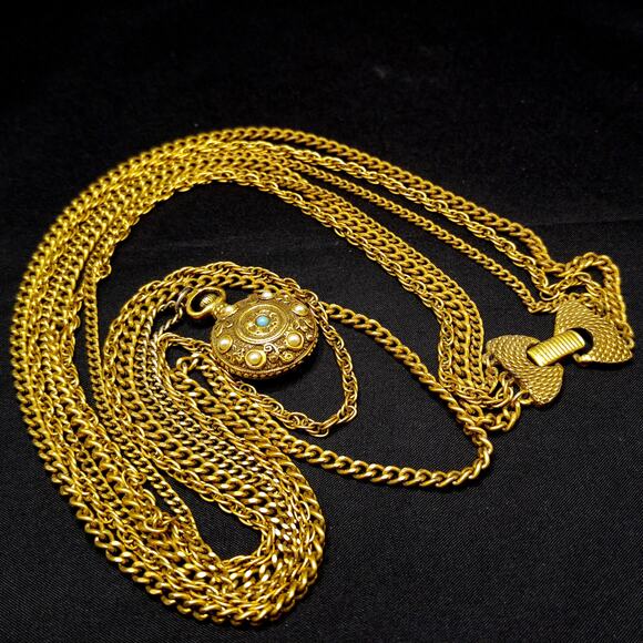 Vintage Goldette Three Strand Necklace, Long Chains & Pendant, 1960s - Picture 9 of 10